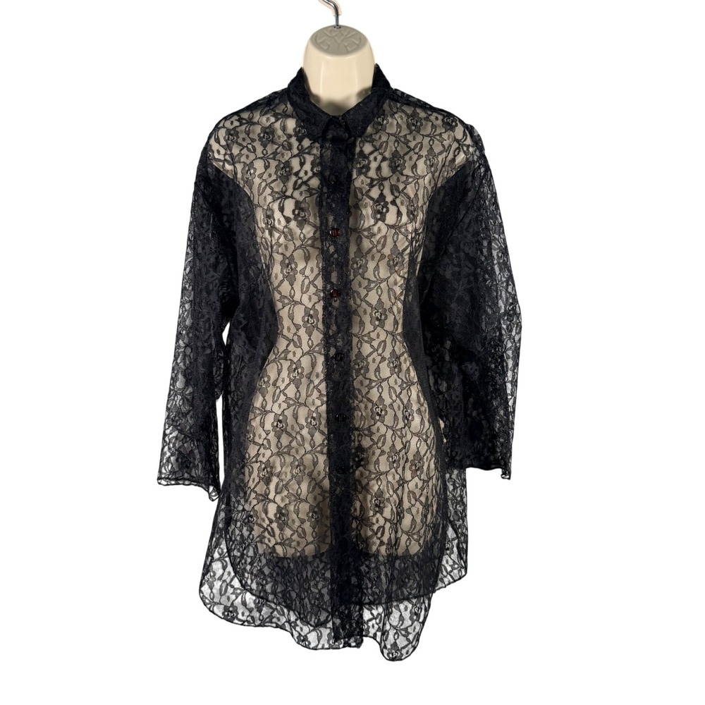 Knit Link Black Sheer Lace Button Front Tunic Medium Vtg‎ Dark Romantic Goth